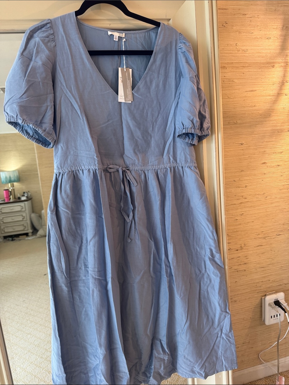 Skin Light Blue V-Neck Puff Sleeve Dress with Waist Tie